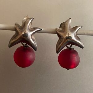 Vintage Sterling Starfish Post earrings and bead sea glass .